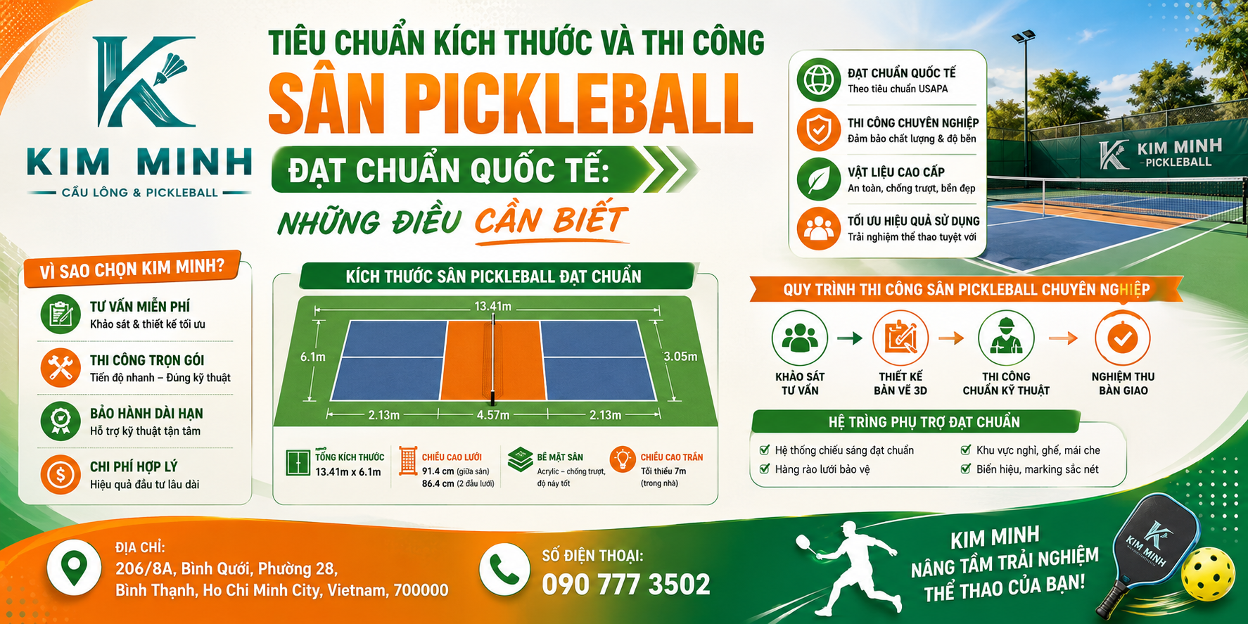 Kích thước sân Pickleball chuẩn quốc tế & quy trình thi công | Kim Minh
